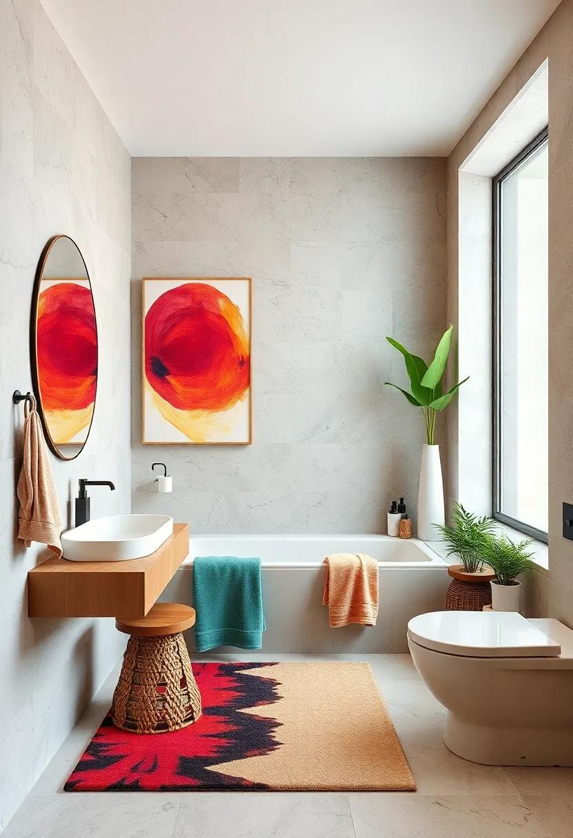 Incorporate Artistic Textiles: Use ​creatively designed shower mats, curtains, and towels that feature art-inspired prints and patterns