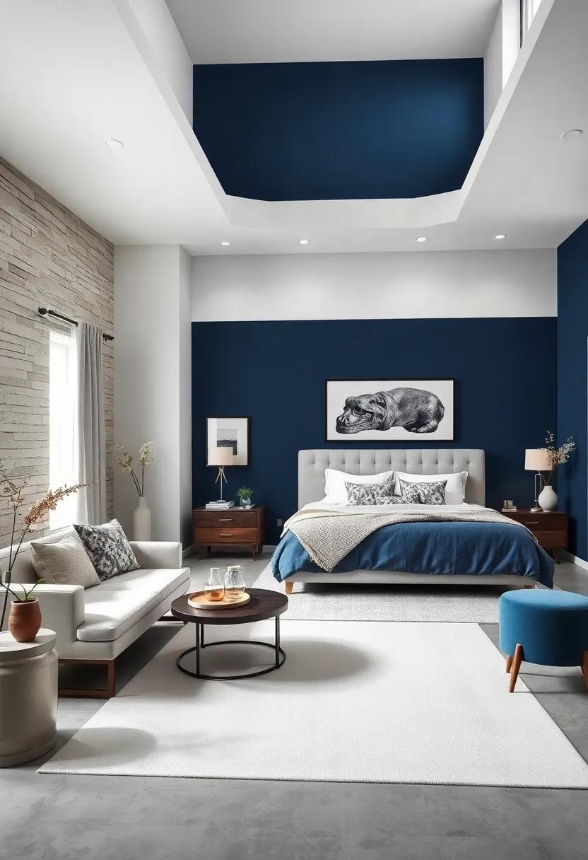 Sophisticated navy Blue Accents with Pristine White for a Timeless Bedroom