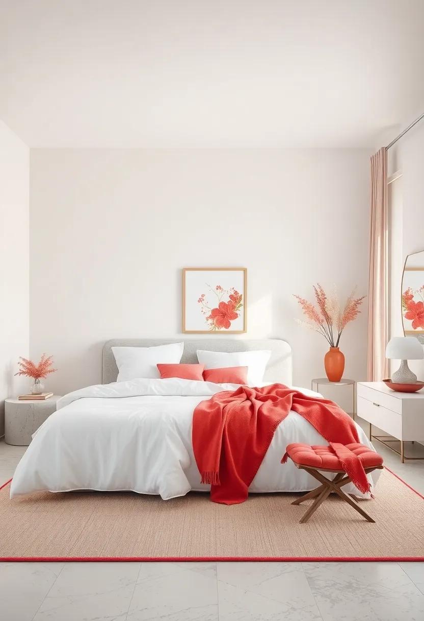 Vibrant Coral Accents Against White ⁣for a Cheerful Retreat