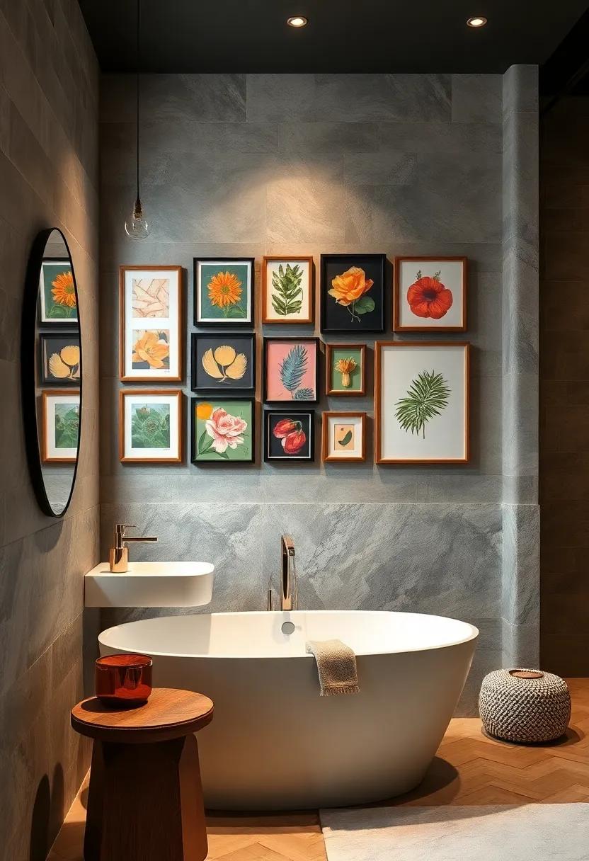 Art Gallery Wall: Frame eclectic artworks or prints, and hang them in a gallery-style arrangement to transform your bathroom into a personal art exhibit