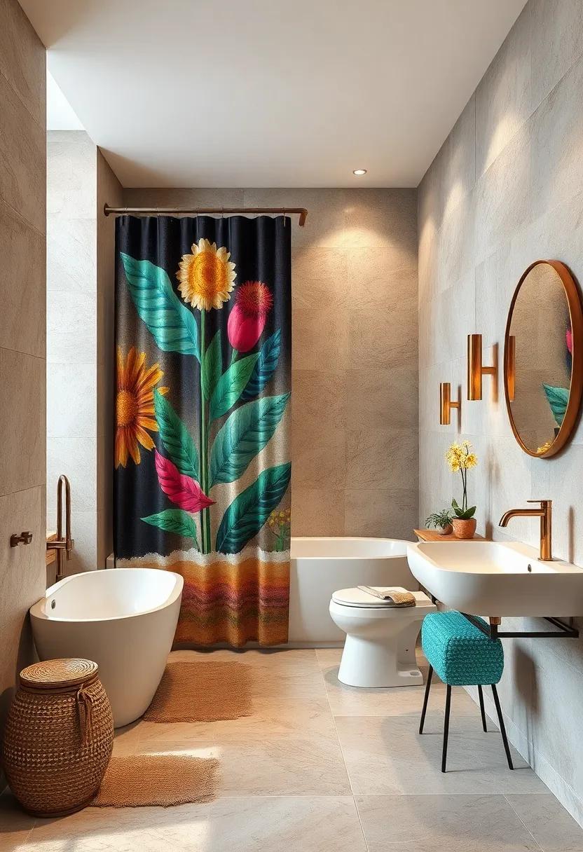 Artistic Shower Curtains: Use shower curtains with bold graphics or artistic designs to instantly transform the feel of the bathroom