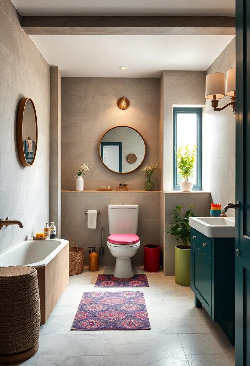 Bold Accents: Choose standout accent pieces, such as a bright-colored toilet seat or patterned bath mat, to infuse personality