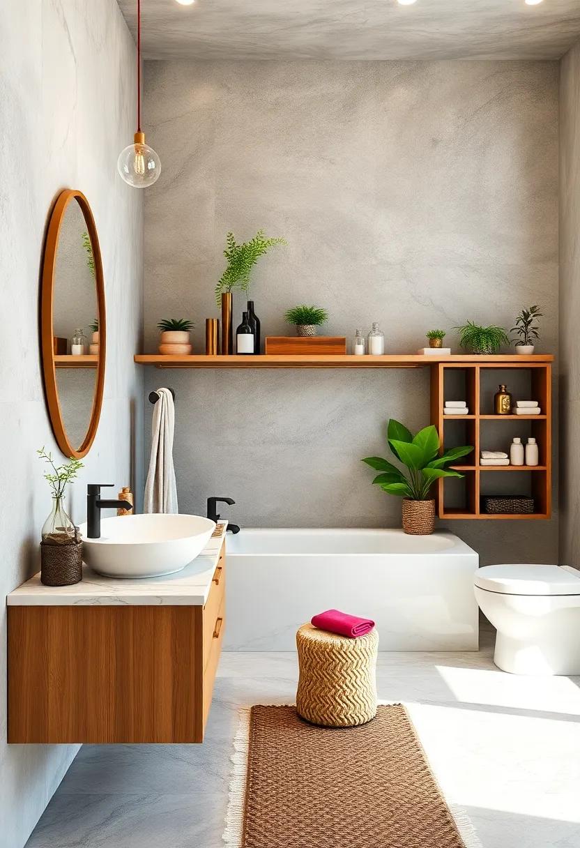 Creative Storage Solutions: Use open shelving, vintage crates, or unconventional containers to store and display bathroom essentials