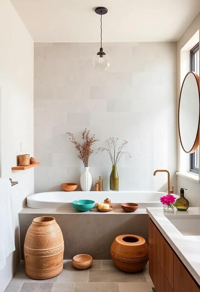 Mismatched Pottery: Incorporate a collection of unique bowls or vases for holding toiletries, embracing a charming, collected-over-time aesthetic