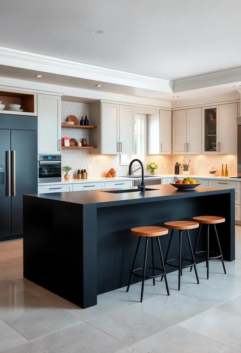 Bold Black Beauty: Make a statement with a matte black kitchen island,exuding luxury and drama while complementing light-colored cabinetry beautifully