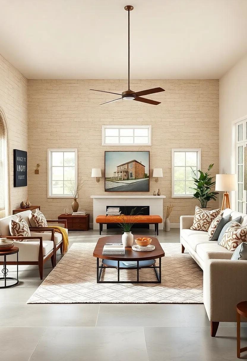 Embrace the Cozy: A warm color palette of creams and soft browns creates an inviting atmosphere that invites relaxation and comfort in this modern farmhouse living room