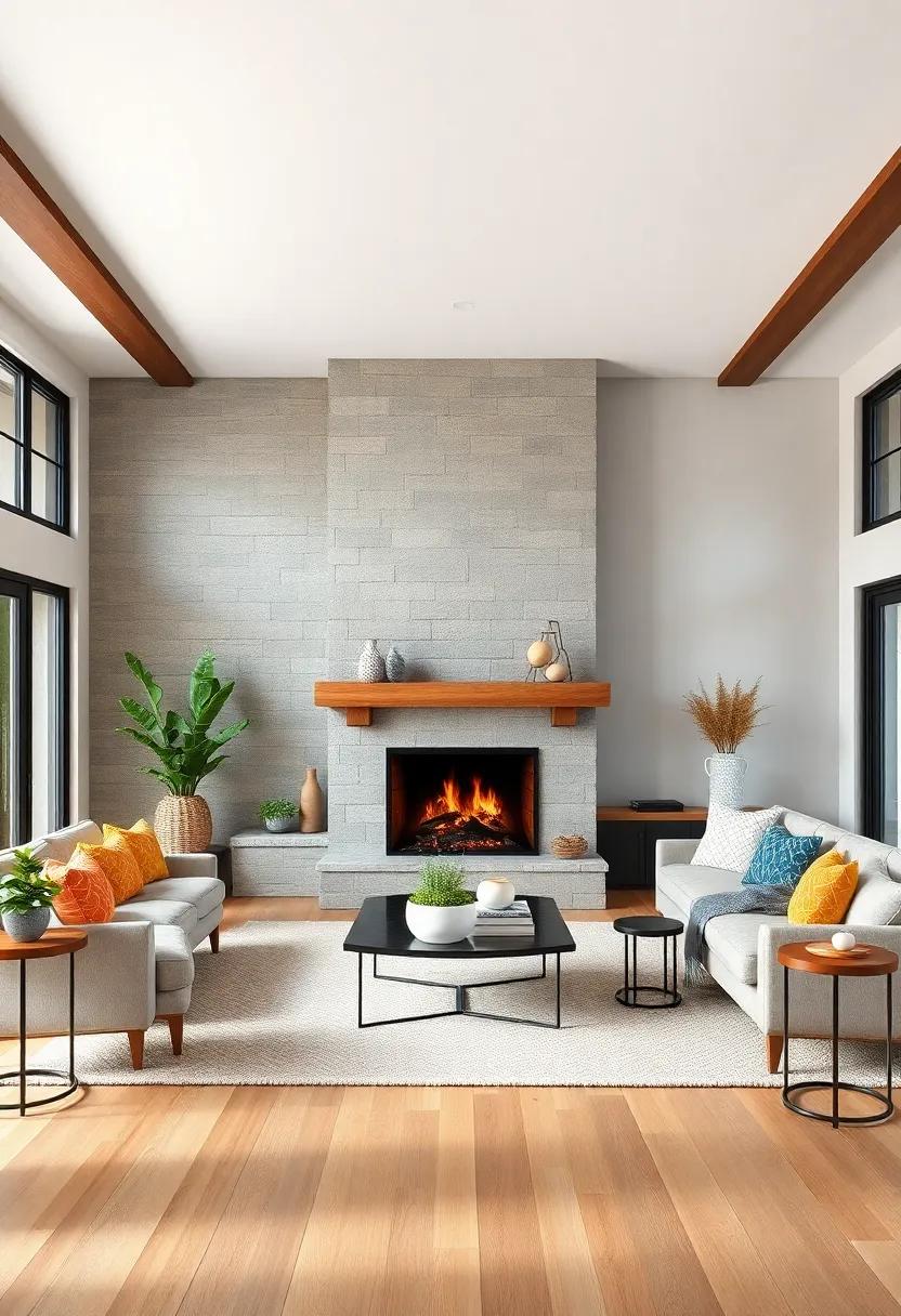 Statement Fireplaces: A stunning stone fireplace serves as the focal point in this living room, incorporating both warmth and elegance while drawing the eye in