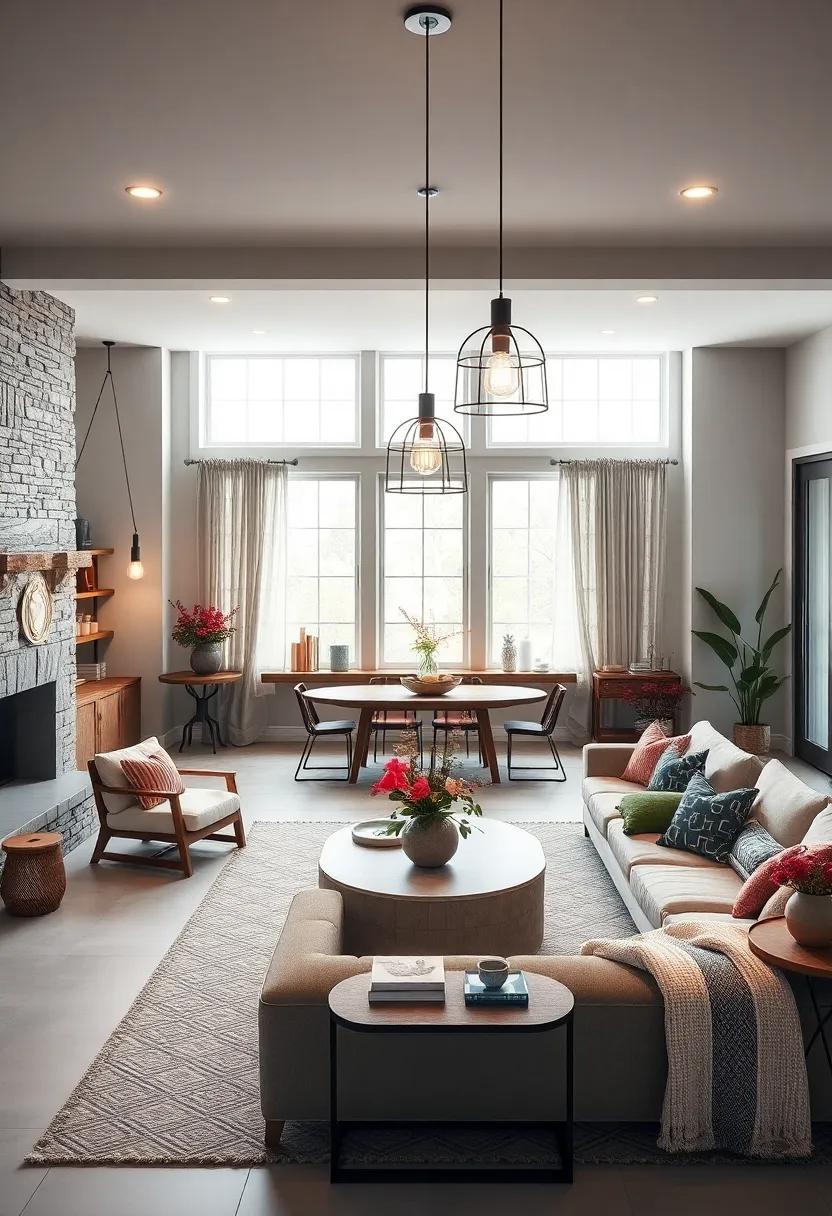 Modern Lighting: Chic pendant lights or rustic chandeliers redefine the living area, showcasing how lighting can dramatically alter the mood and style of the room