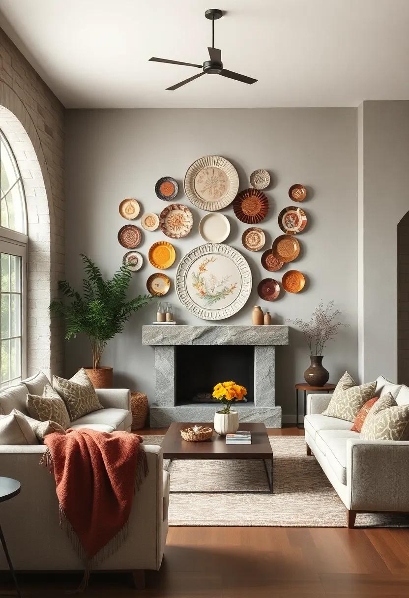 ornamental Plates: Arrange a⁢ set⁢ of decorative antique plates on the wall to add color and artistic depth