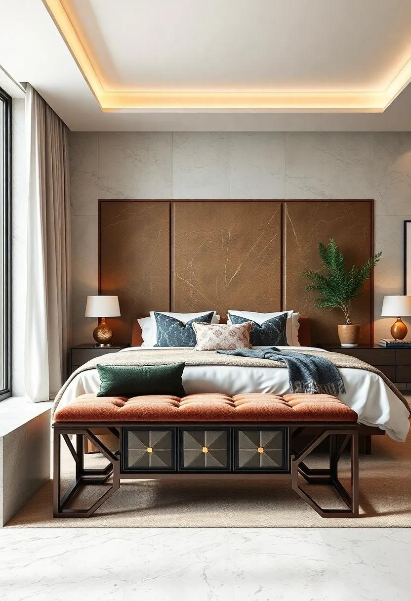 Art Deco Delight: A bench with a bold geometric⁢ design ⁤and plush cushioning that adds ​a ⁢touch of glamour and sophistication