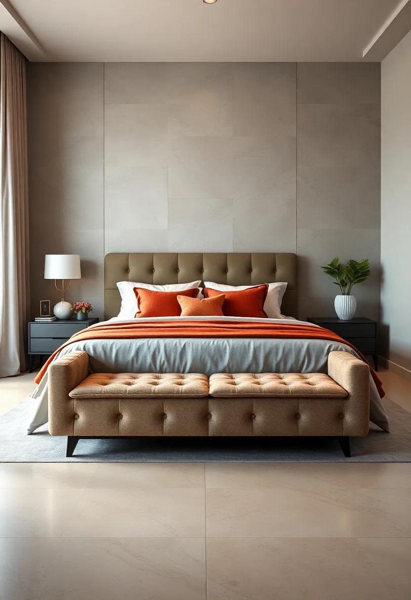 Chic Storage Solution: A tufted bench with hidden compartments ‍to neatly tuck ​away blankets and pillows while maintaining style