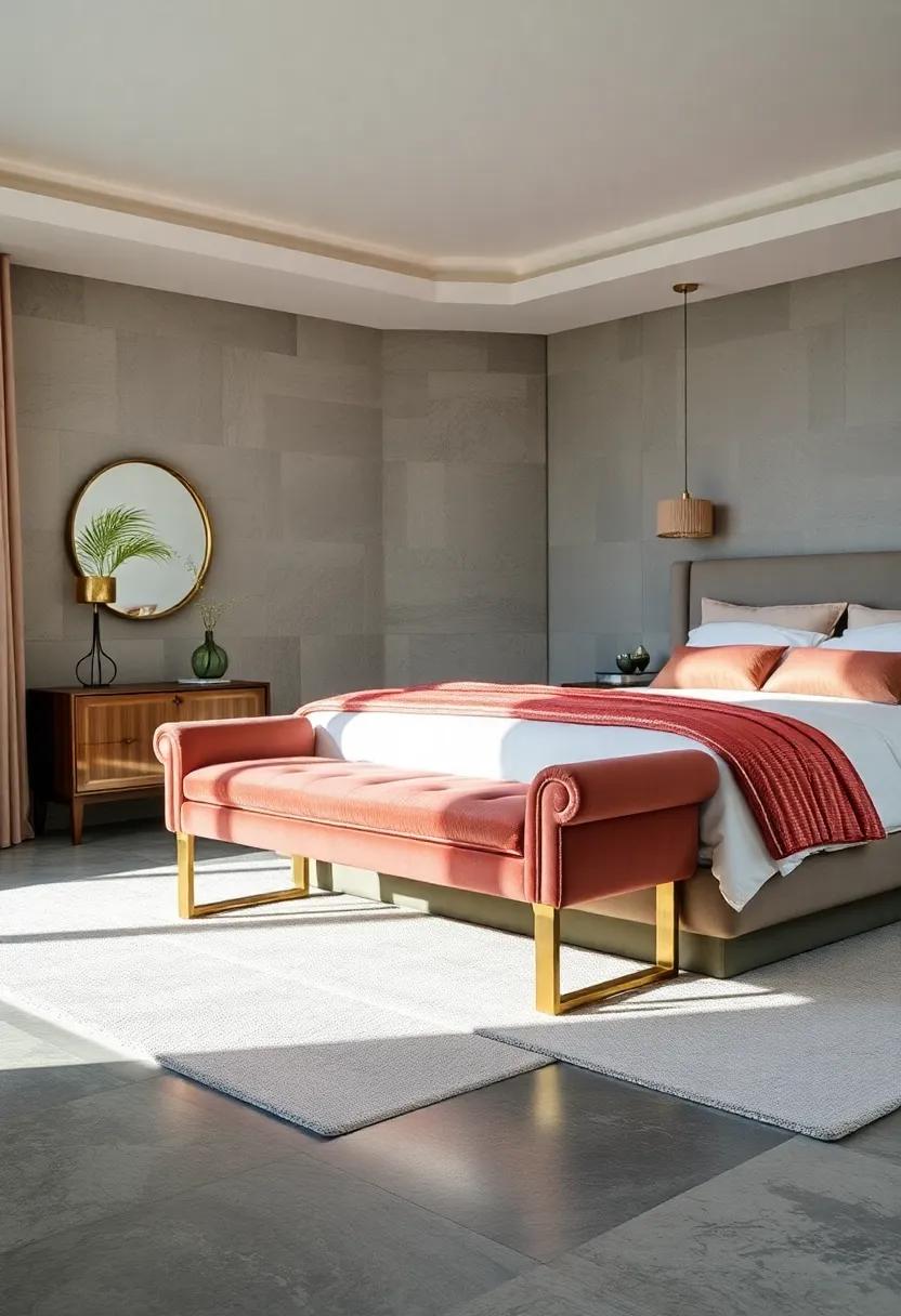 Graceful Glam: A velvet upholstered bench ​with gold accents that⁣ adds a touch of luxury⁣ while offering extra seating