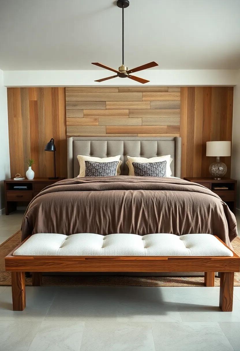 Rustic Charm: A reclaimed wood bench ​with a natural finish that brings warmth ​and character to⁣ any farmhouse-style bedroom