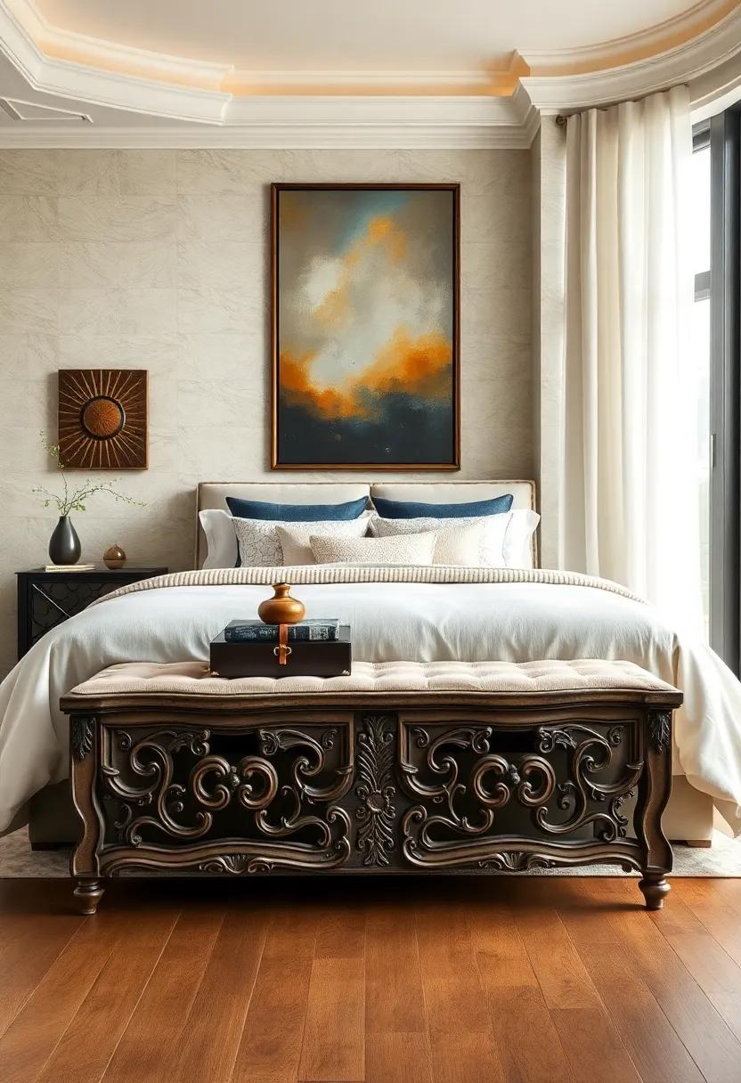 Vintage Vibes: An antique-style bench with intricate carvings and a distressed finish that exudes timeless elegance