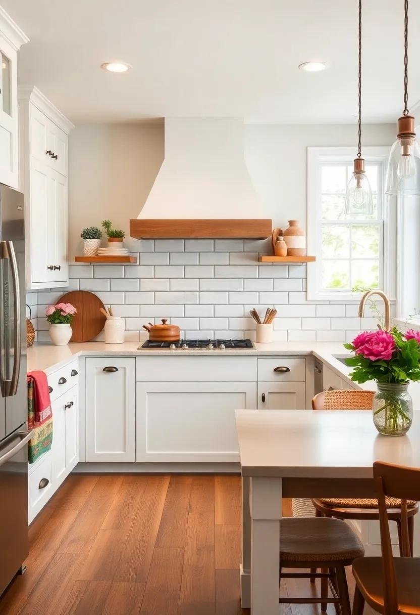 Traditional Meets Contemporary: Experiment with a blend of historic design elements and sleek subway ​tiles to achieve a harmonious and updated farmhouse kitchen
