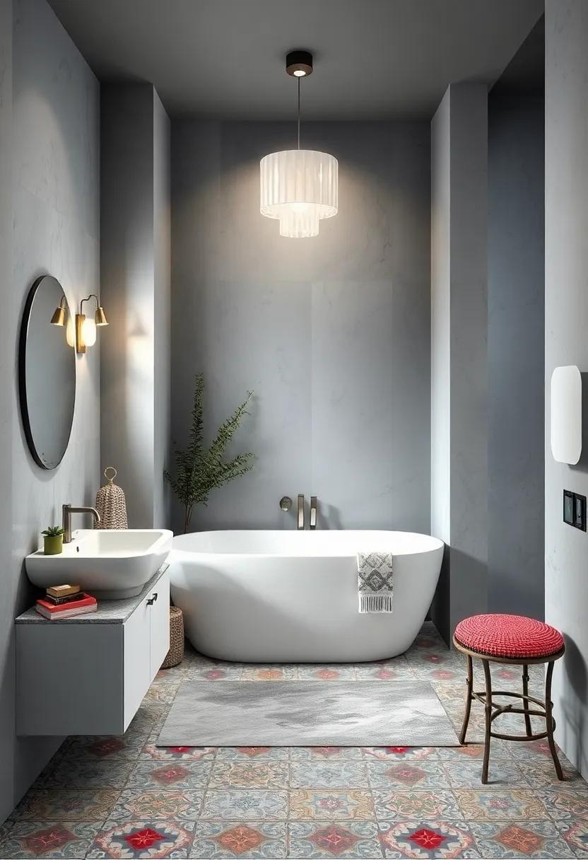 Playful tiles: Opt for colorful, bold patterned tiles on the floor or shower walls that add visual interest and contrast‍ beautifully with gray paint