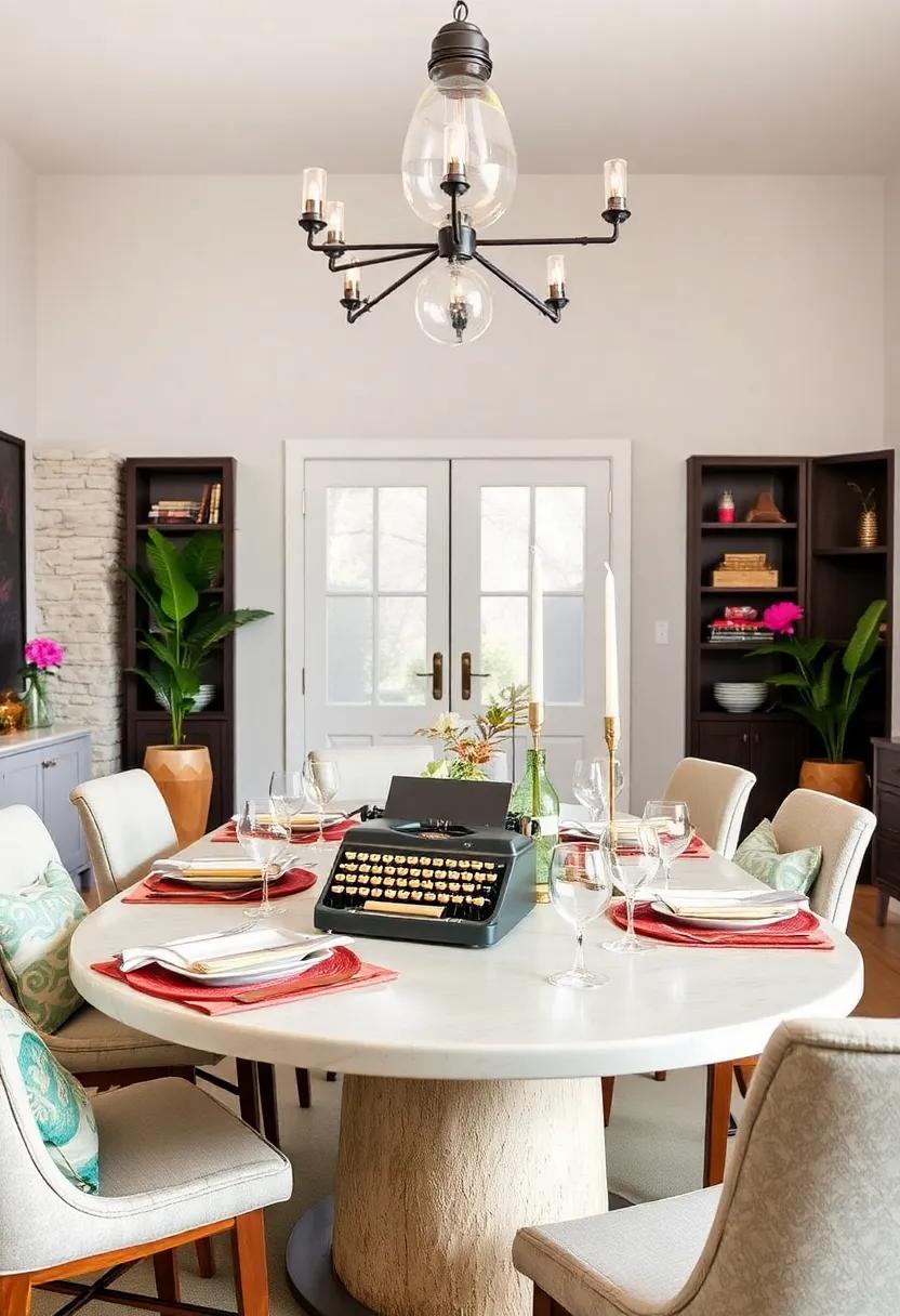 Choose an eclectic table centerpiece, such as a vintage typewriter or an assortment of candlesticks, for eye-catching flair
