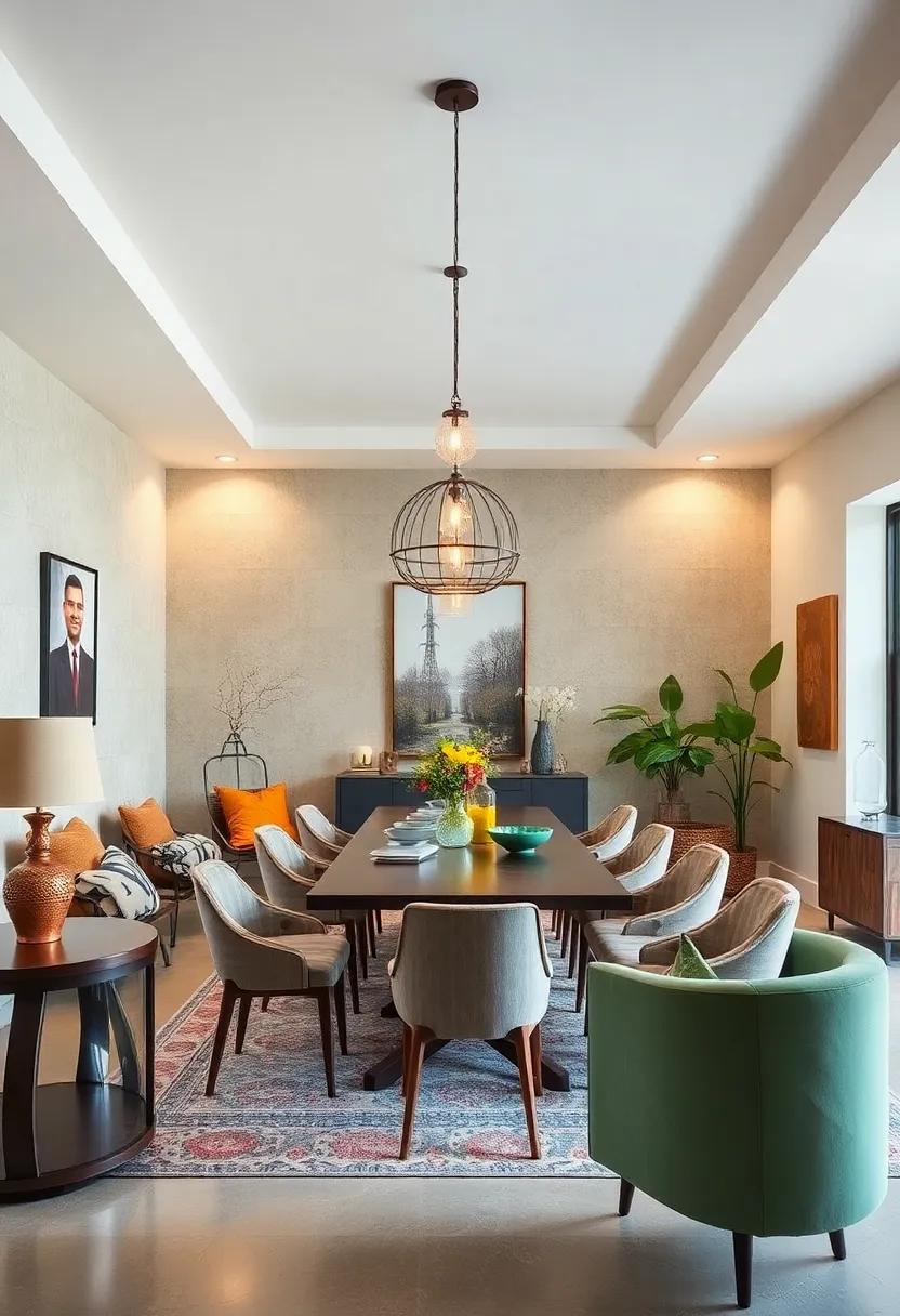 Hang unique pendant lights or chandeliers that contrast in style with traditional dining aesthetics