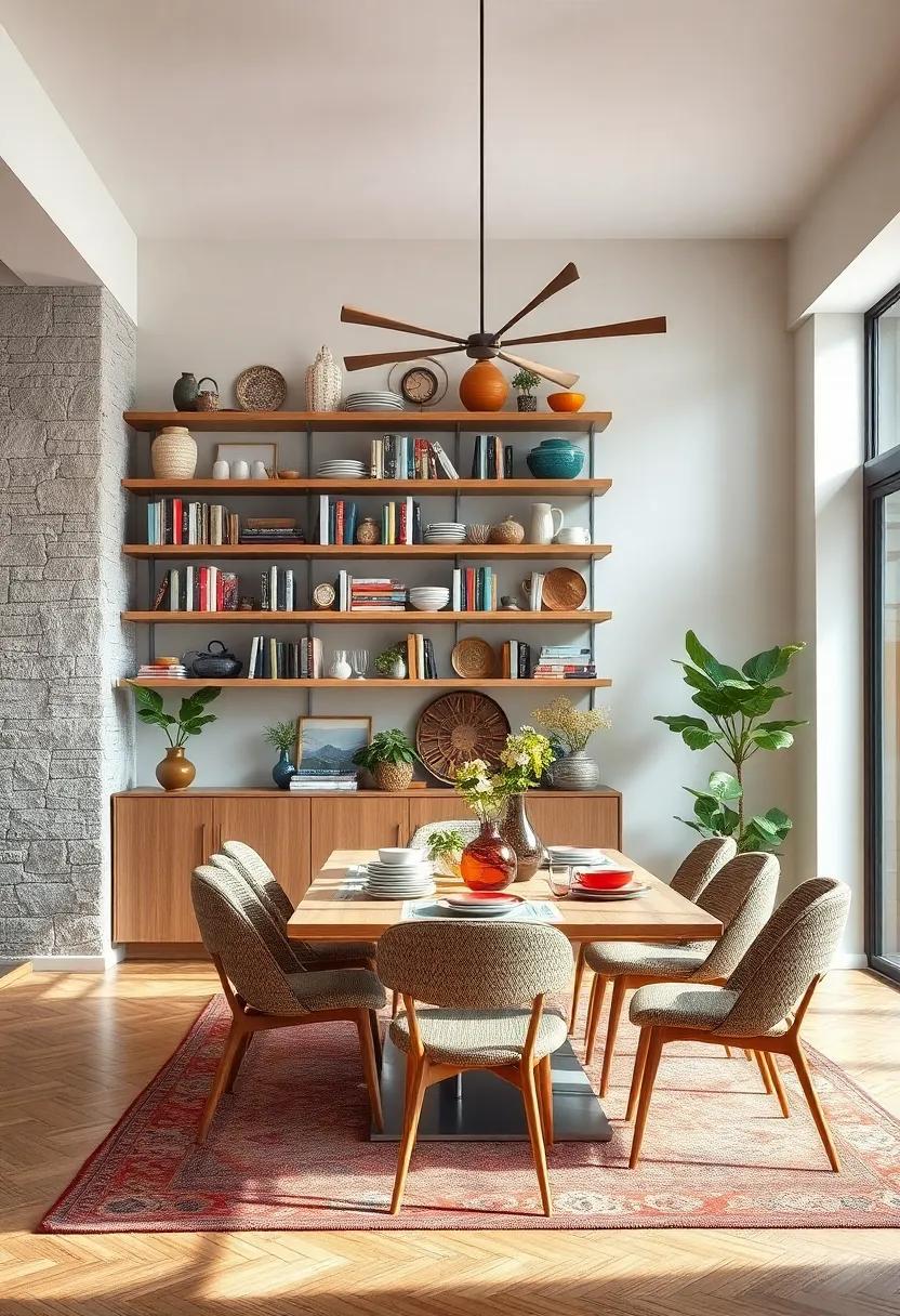 Install open shelving to showcase an assortment of cookbooks, dishes, and decor, blurring the line between function and whimsy