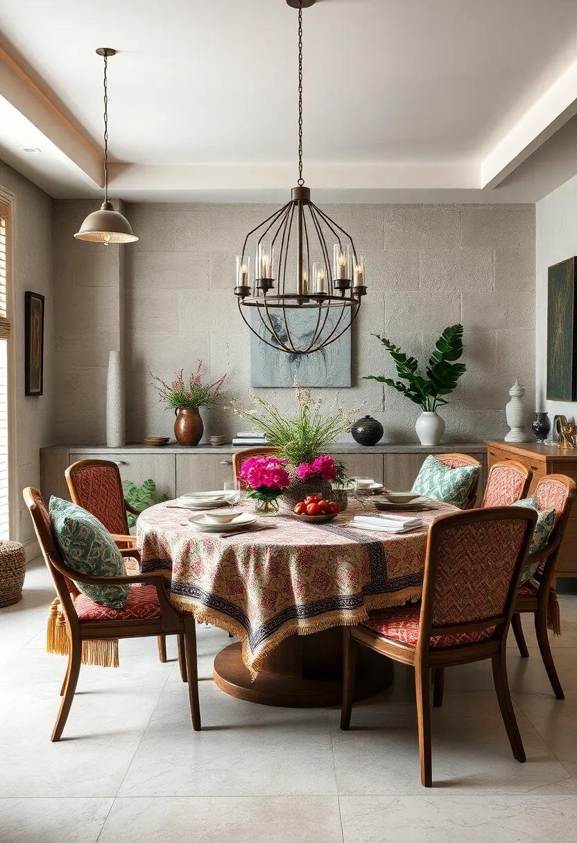 Layer textiles with diverse patterns and textures, from tablecloths to chair cushions, for visual interest