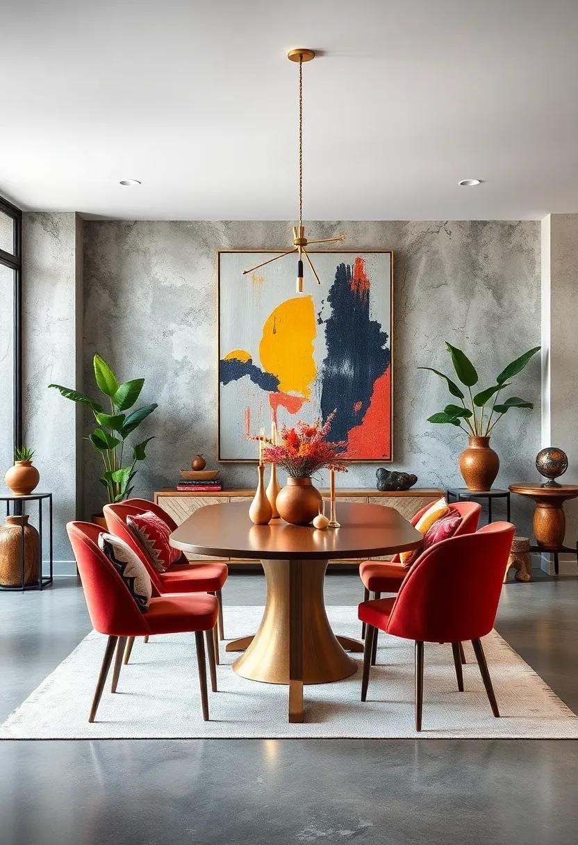 Use a bold, oversized piece of artwork as a focal point that sets the tone for the entire dining room