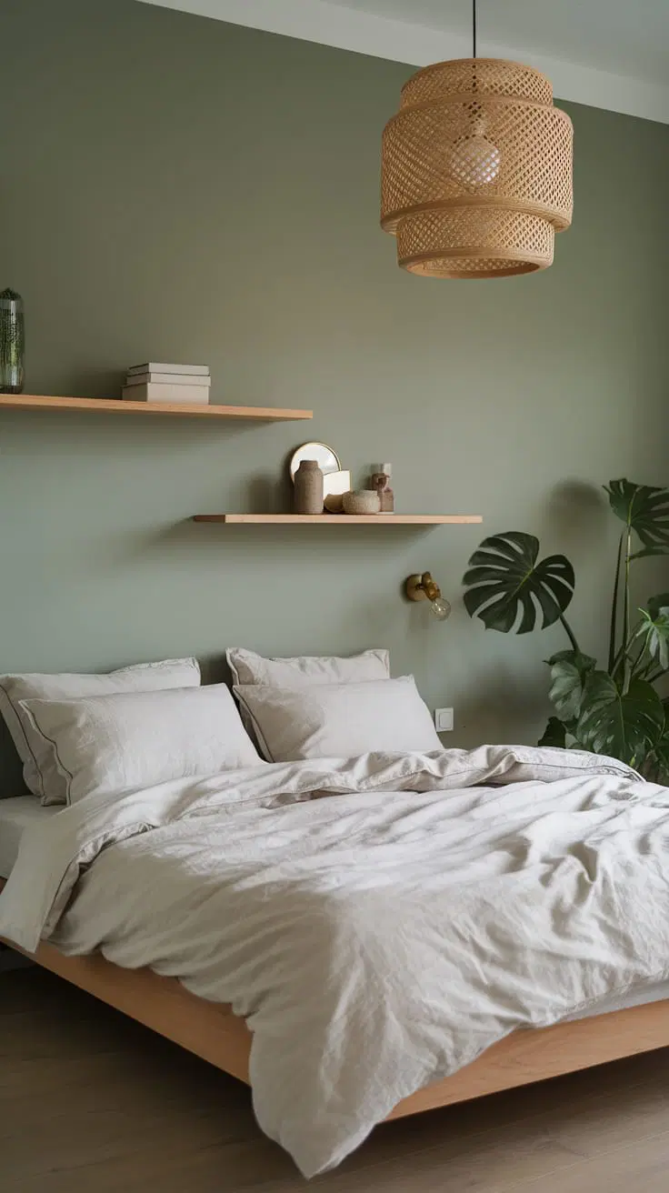 nature-inspired sage green and wood bedroom