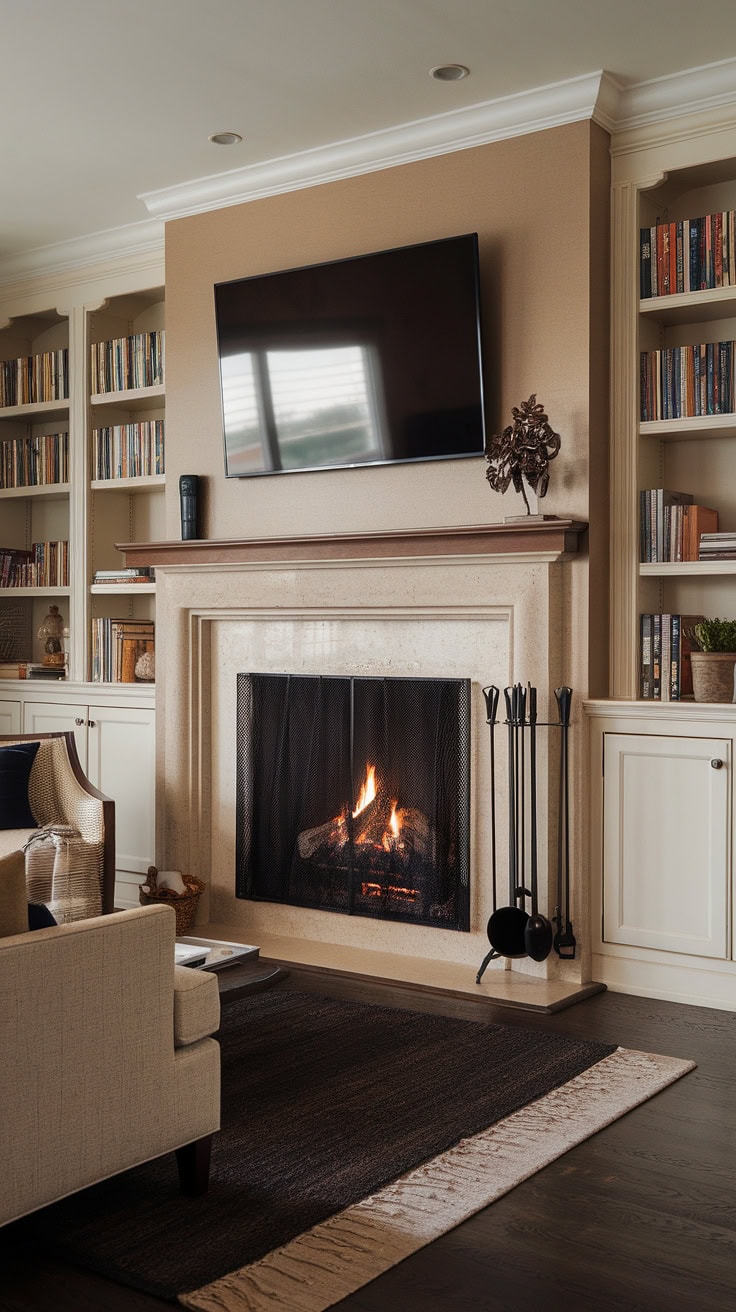Inviting Fireplace with Dark Rug and Built-Ins