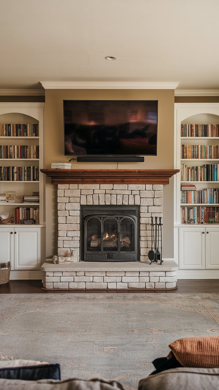 Warm Fireplace Surrounded by Shelving