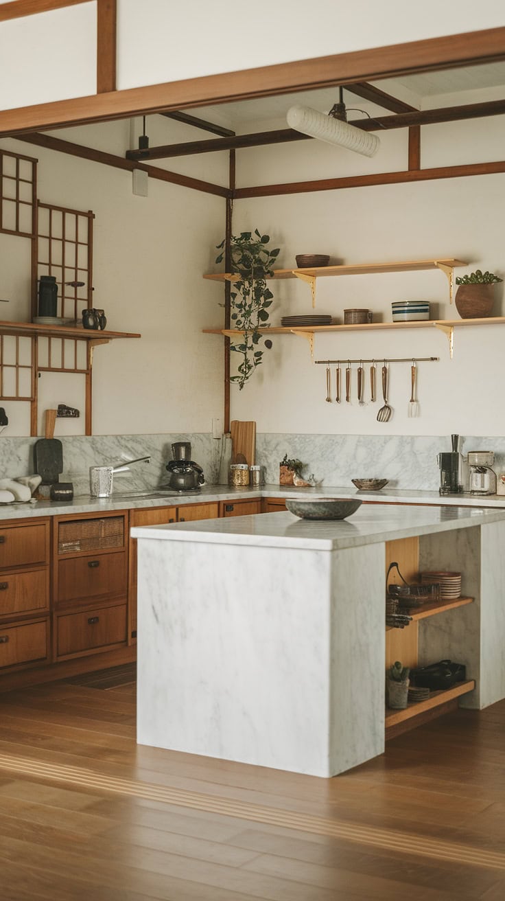 Japanese-inspired minimalist kitchen with plants and warm wood