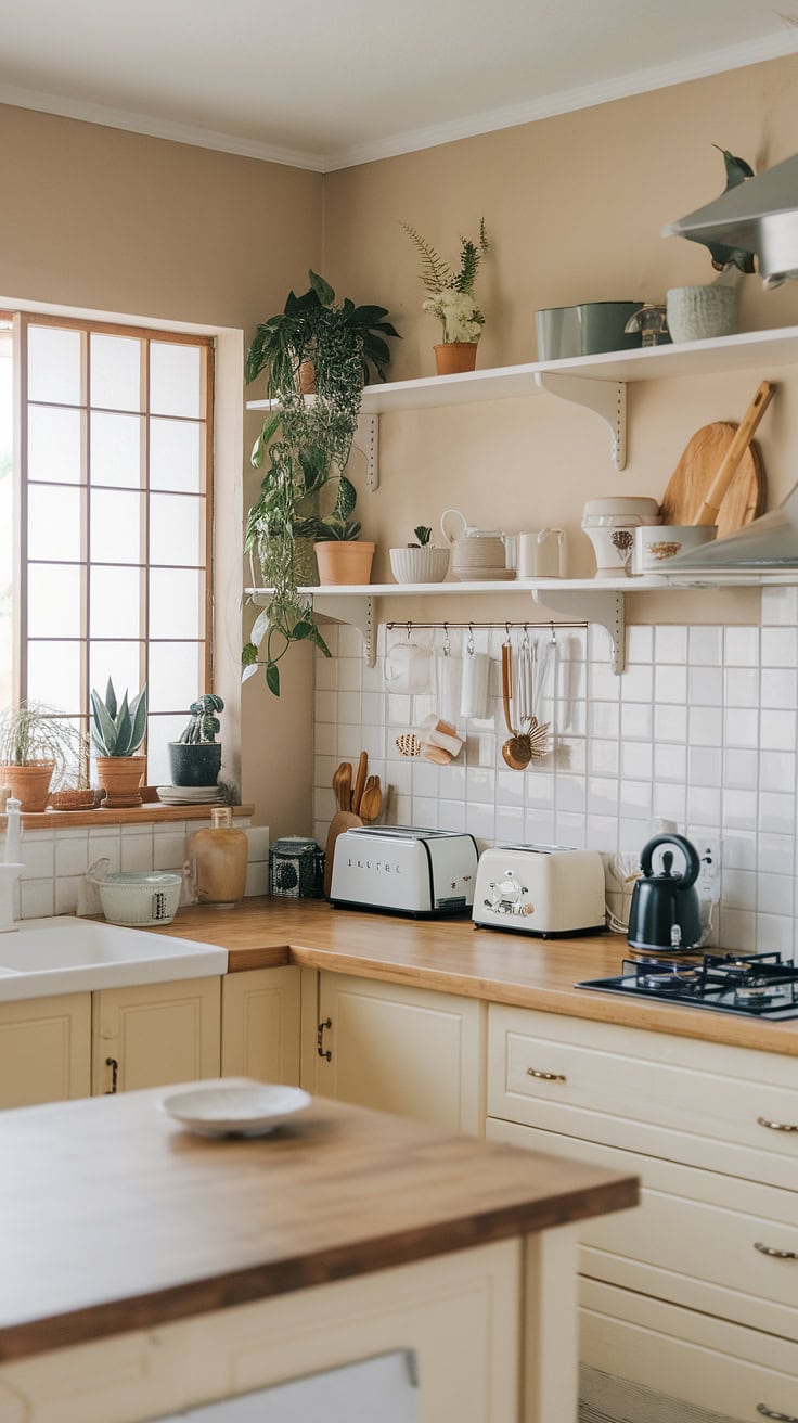 Japandi kitchen with white cabinets and wooden accents