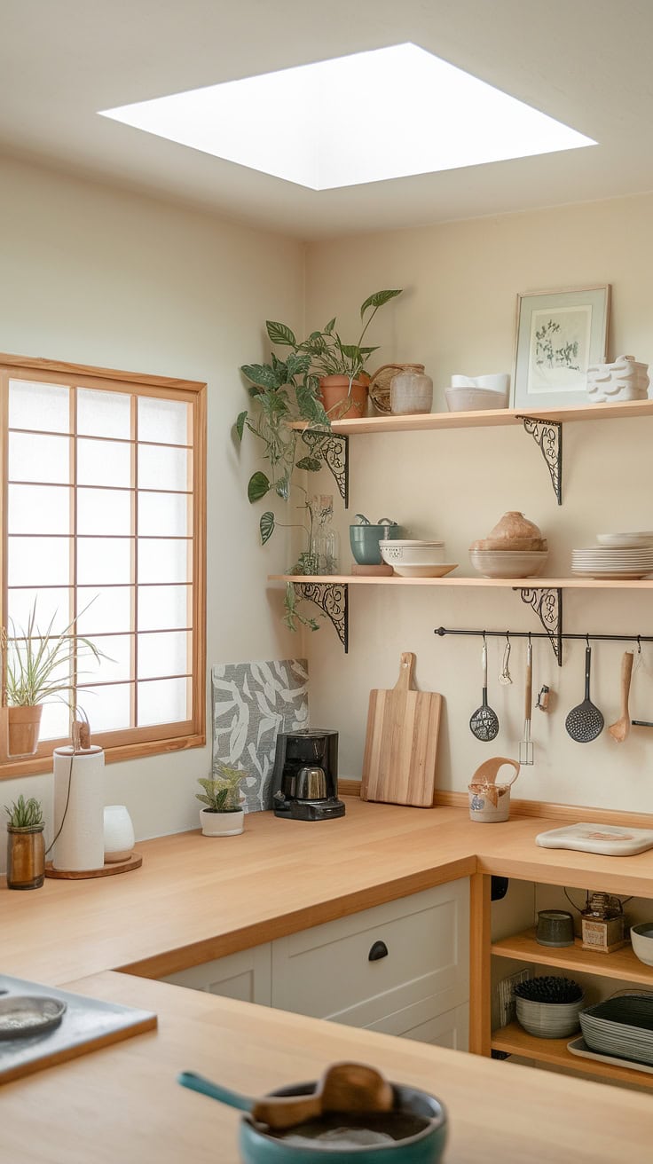 Light-filled Japandi kitchen with natural wood and plants