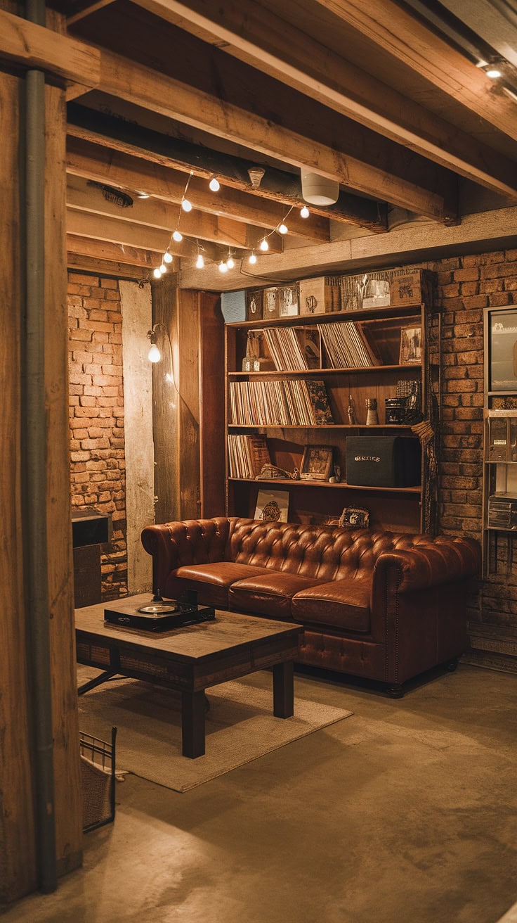 Cozy basement recreation room with vintage furniture