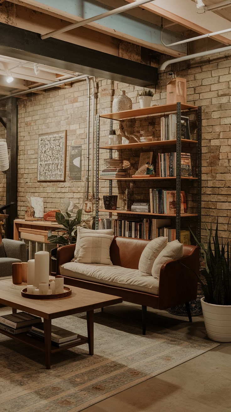 Vintage furniture with modern accents in basement