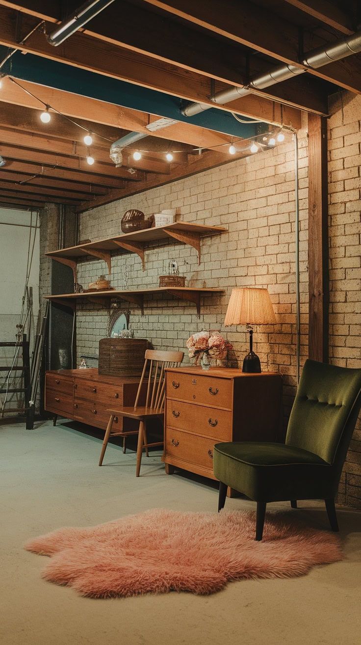 Rustic rec room with vintage dresser and green chair
