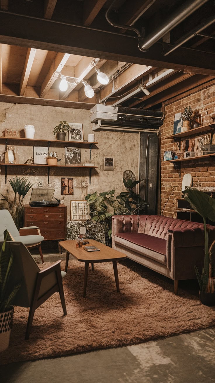 Basement with velvet sofa and mid-century decor