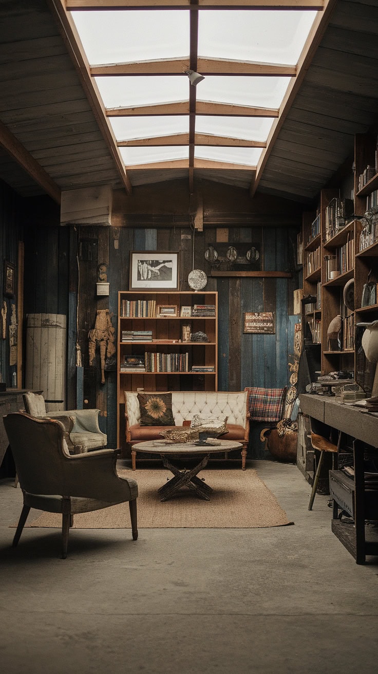 Natural light in rustic basement with vintage seating