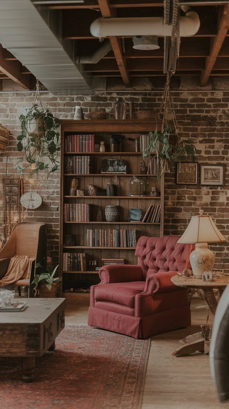 Cozy basement nook with vintage armchair and bookshelf