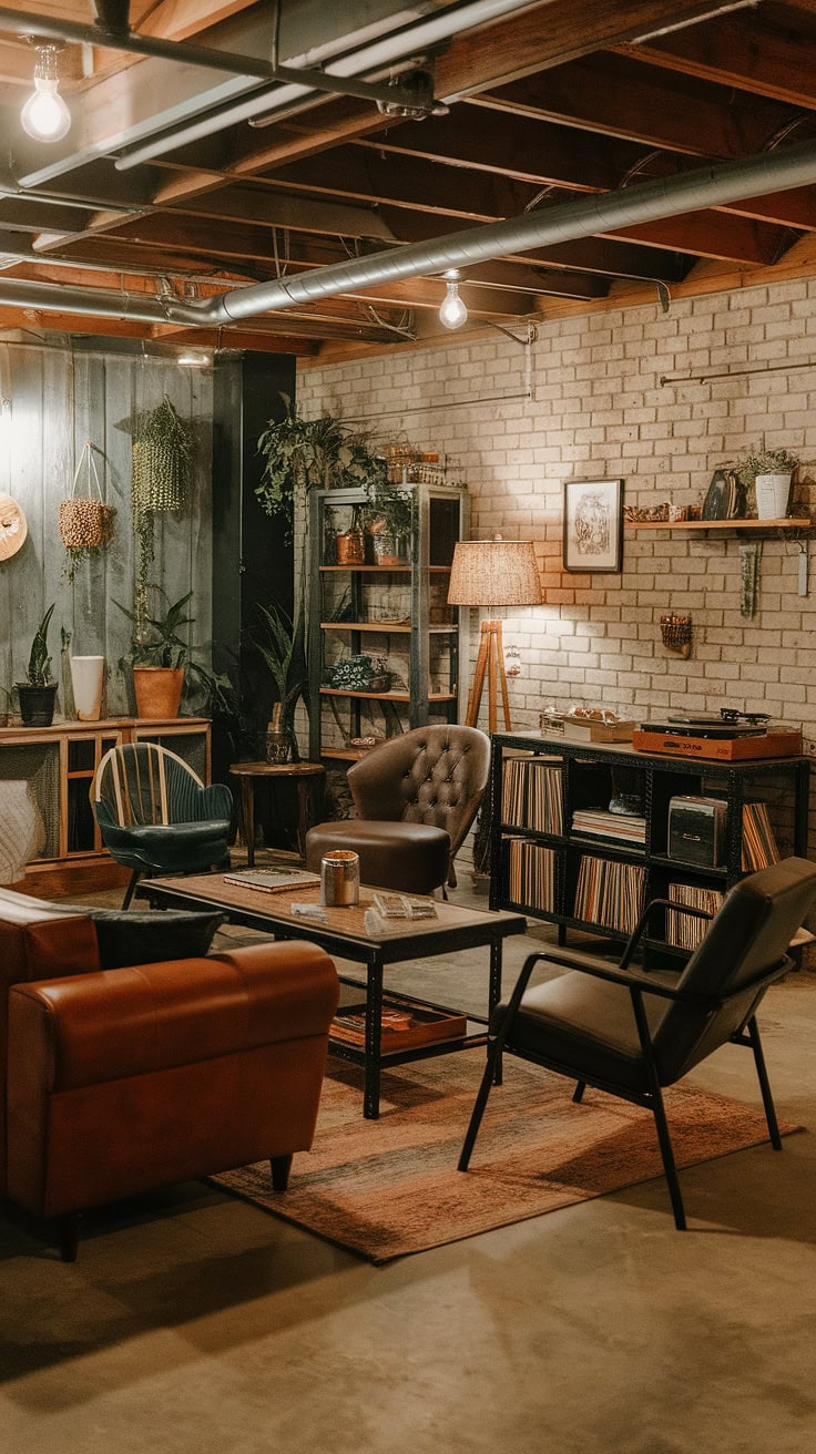Vintage-style basement with wood, metal, and brick elements