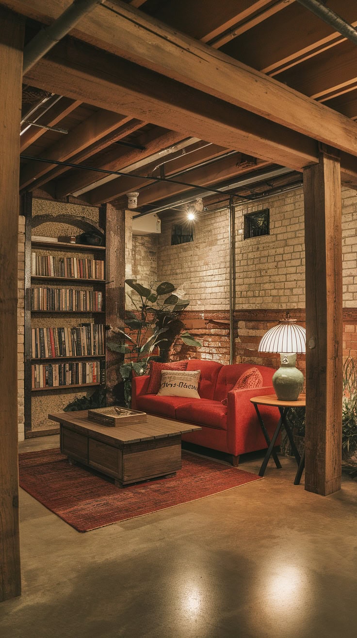 Cozy red sofa in rustic basement
