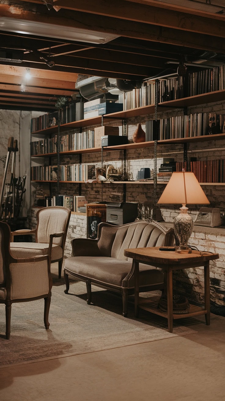 Rustic basement with vintage couch and glowing lamp