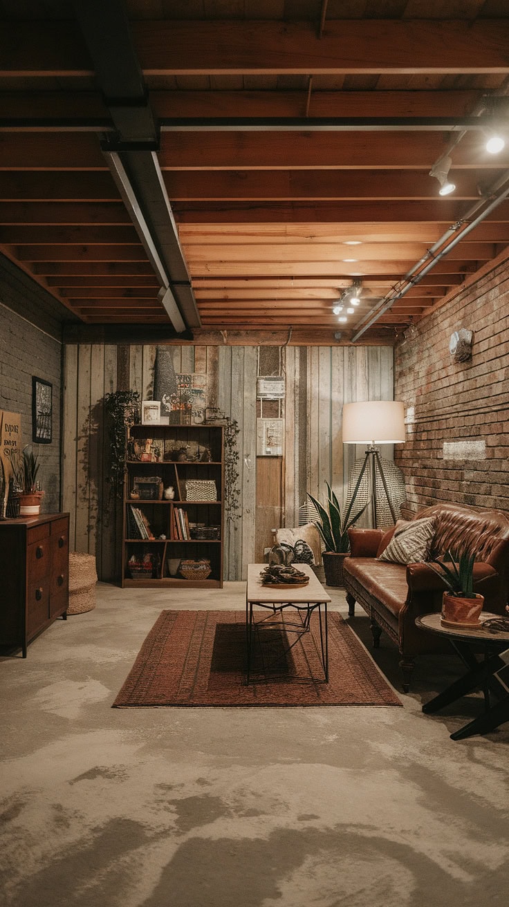 Stylish basement with exposed brick and plants