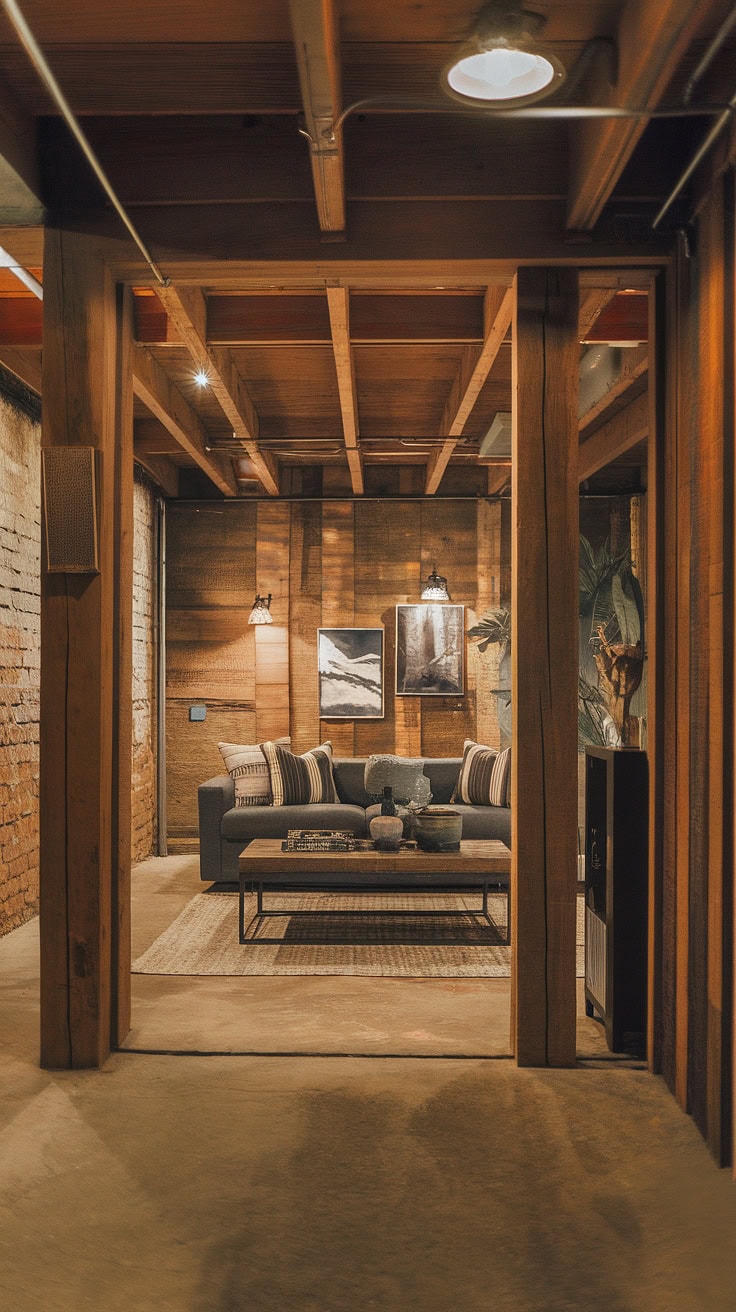Cozy basement rec room with wooden beams and exposed brick