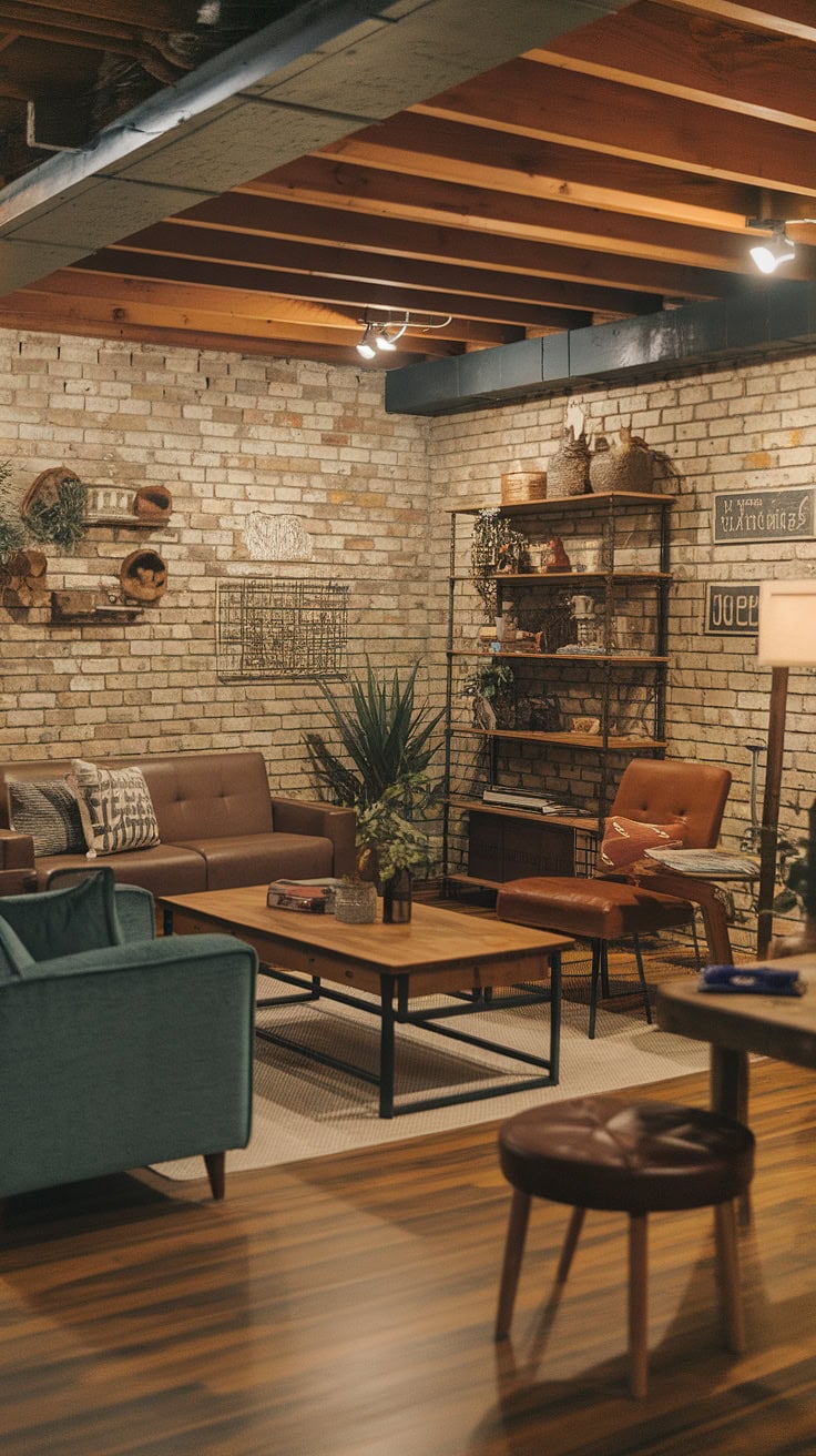 Inviting basement blending vintage and rustic