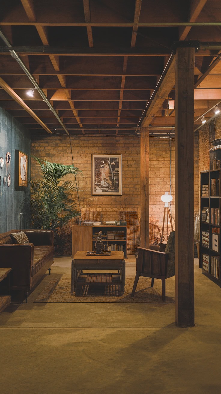 Rustic basement with concrete floor and vintage furniture