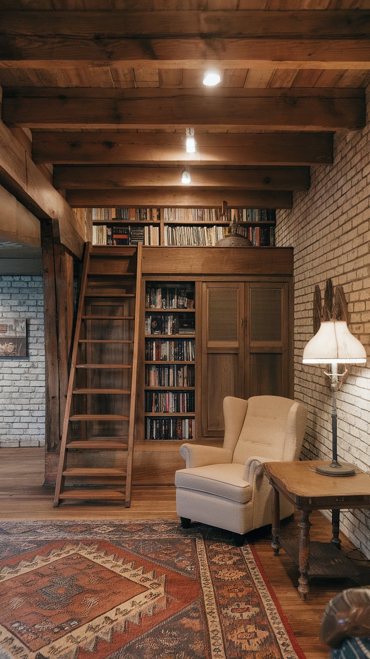 Basement with wooden loft and warm lighting