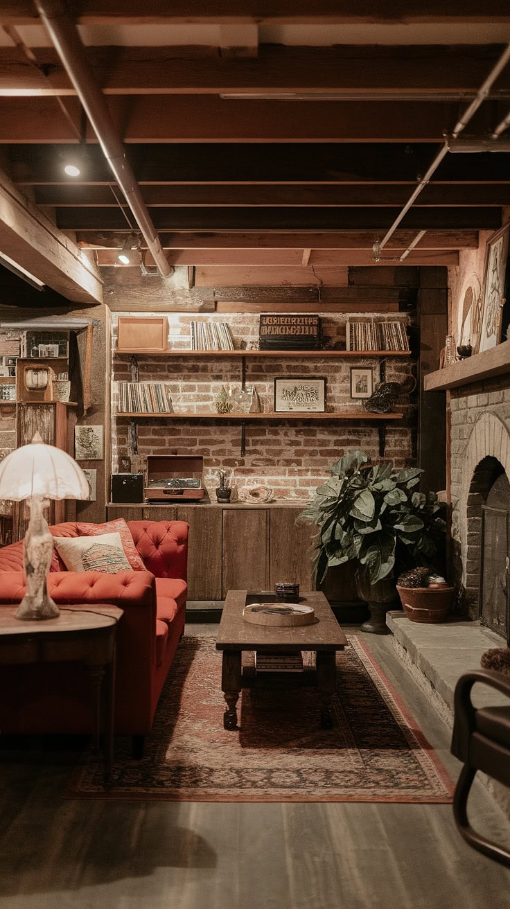 Basement retreat with fireplace and wooden beams