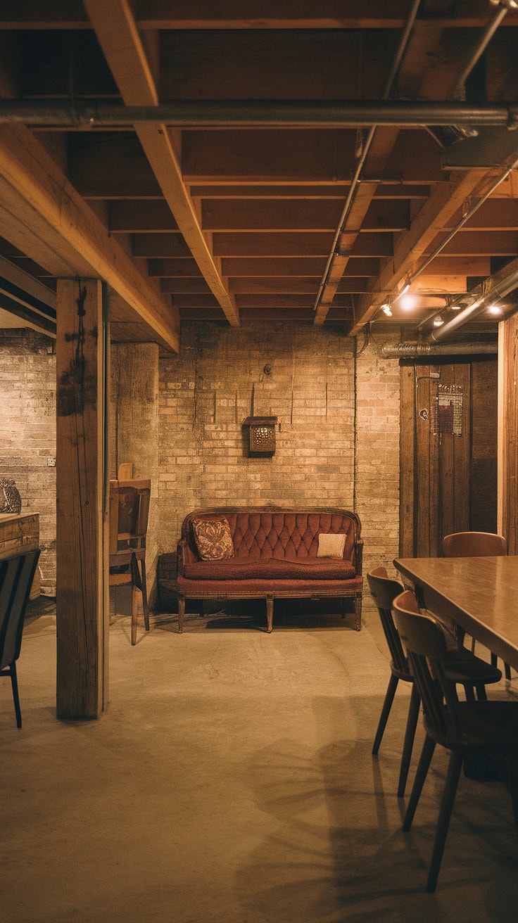 Rustic basement with concrete floor and exposed brick