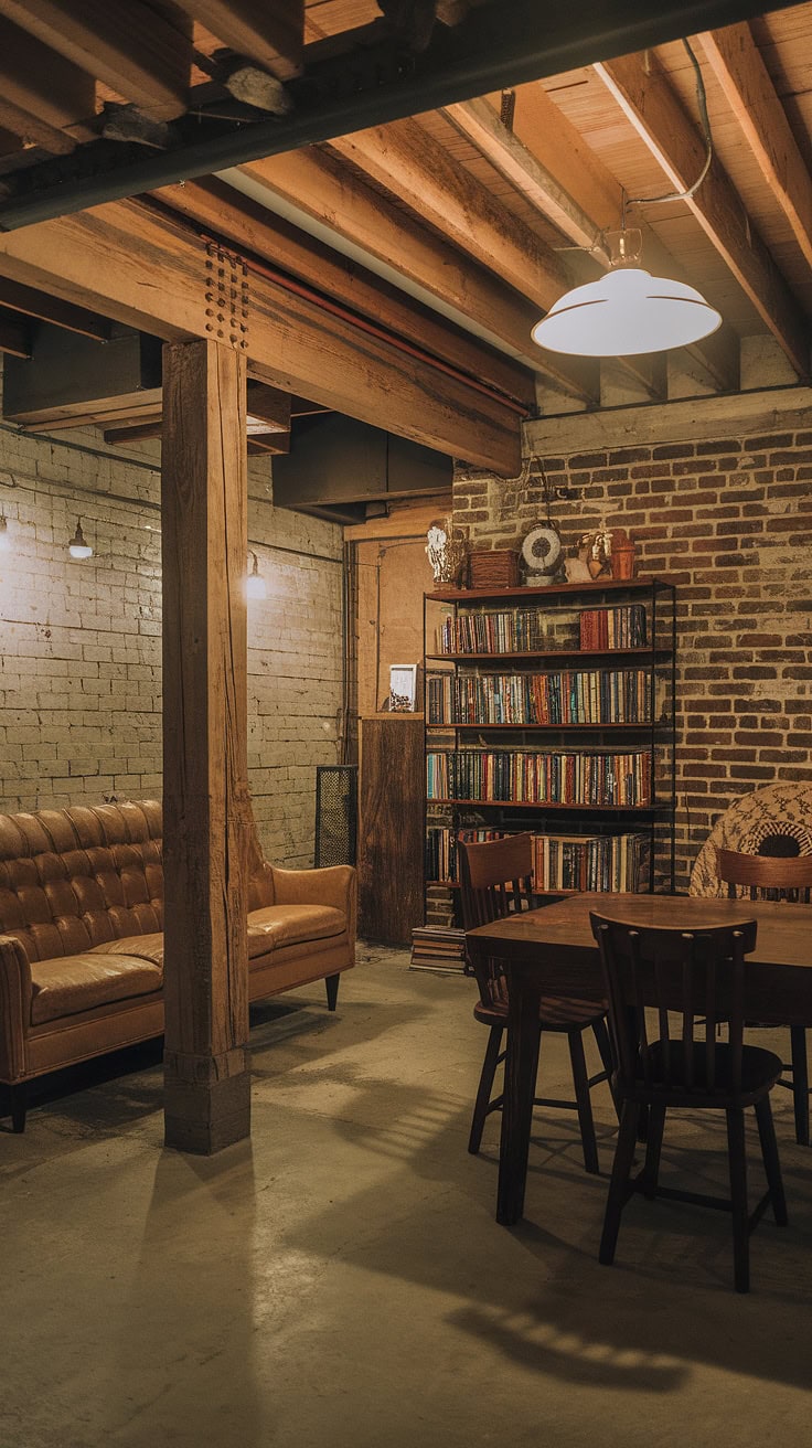 Industrial rustic basement with warm accents