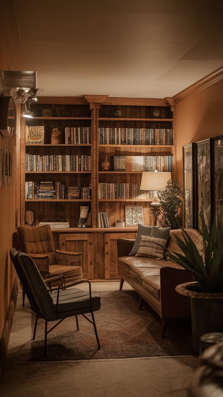 Warm basement rec room with vintage couches and rustic shelves