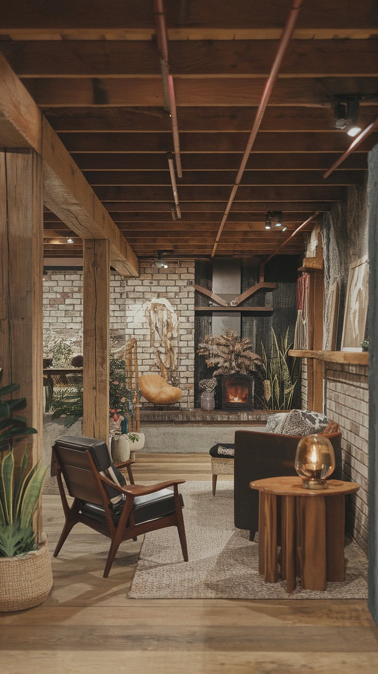 Basement with vintage furniture and fireplace